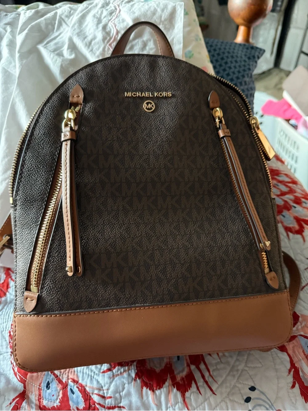 Michael Kors Brown Signature Backpack with Blue-Striped Wallet